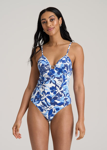 Low Cut One-Piece Swimsuit for Tall Women in Blue and White Floral