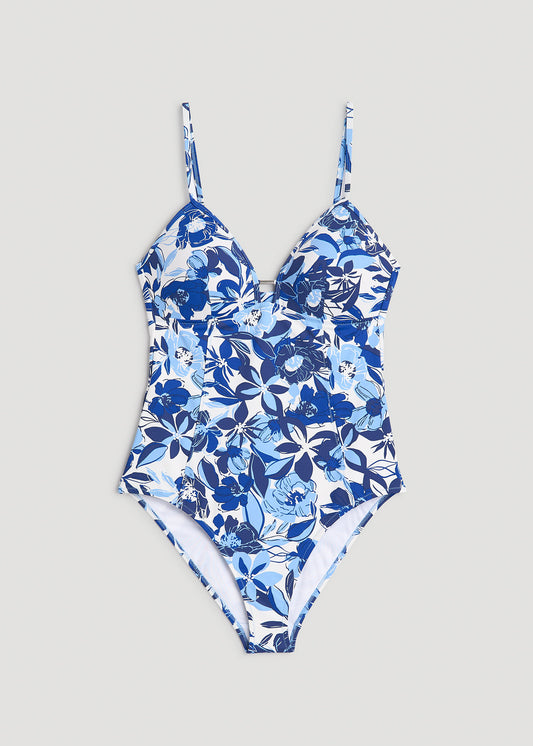 Low Cut One-Piece Swimsuit for Tall Women in Blue and White Floral