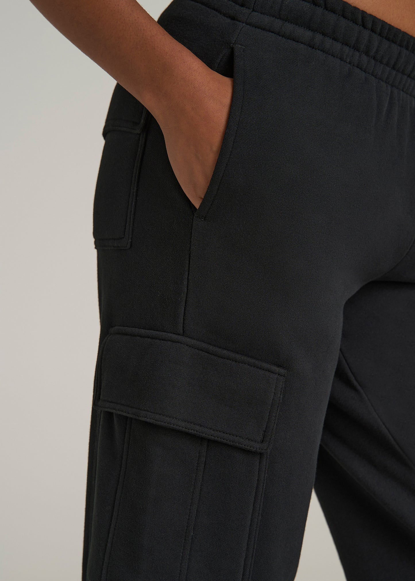 Mid Rise Cargo Fleece Sweatpants for Tall Women in Black