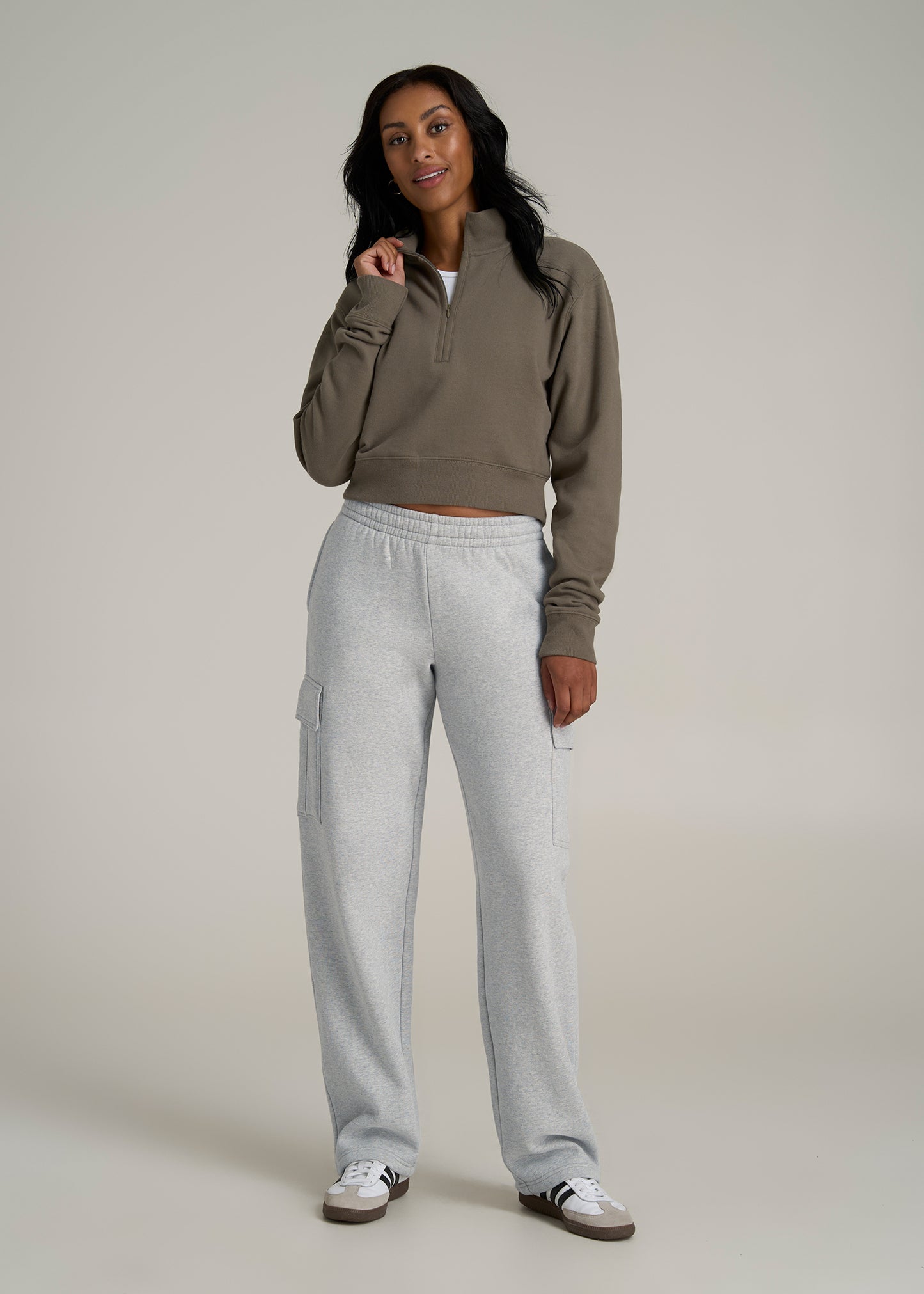 Mid Rise Cargo Fleece Sweatpants for Tall Women in Grey Mix