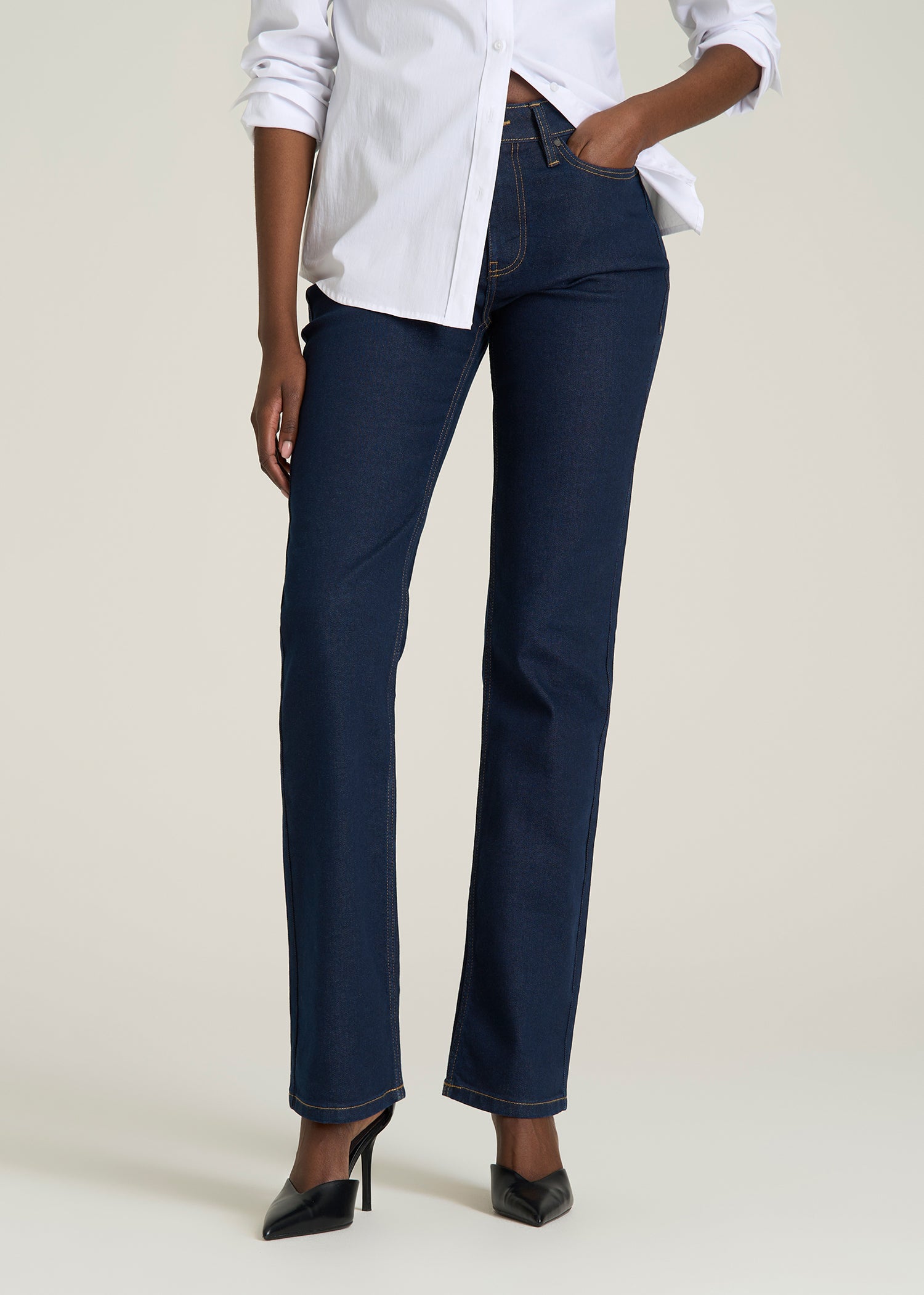 Mid-Rise Straight Fit Jeans for Tall Women in Deep Indigo Wash