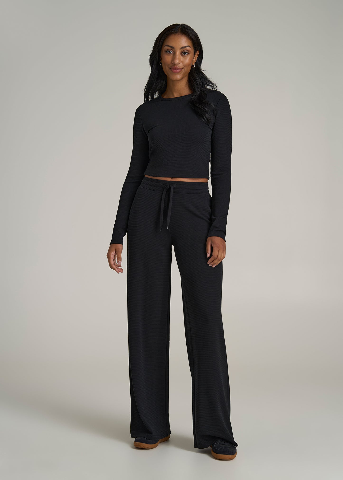 Mid-Rise Waffle Wide-Leg Pants for Tall Women in Black