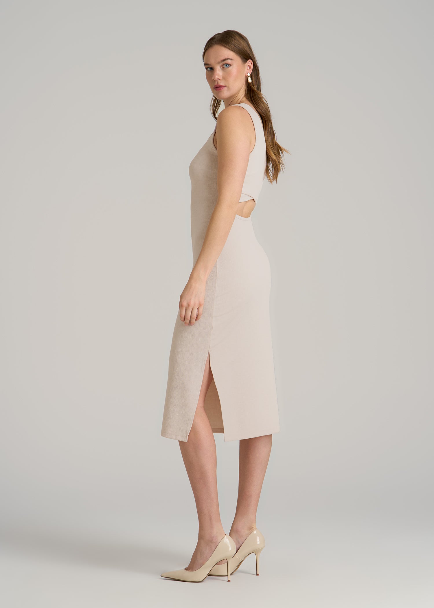 Midi Cross Back Sleeveless Dress for Tall Women in Shell