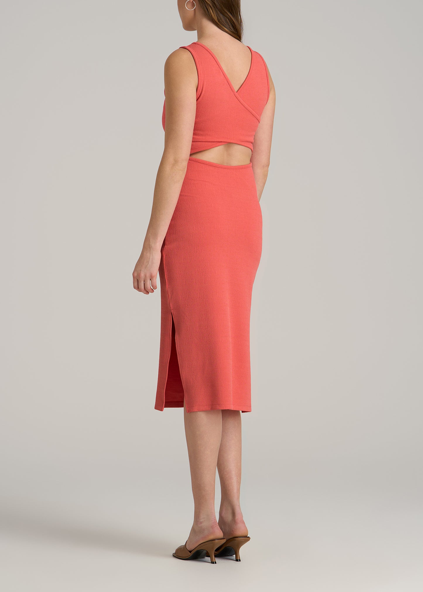 Midi Cross Back Sleeveless Dress for Tall Women in Sunset Coral