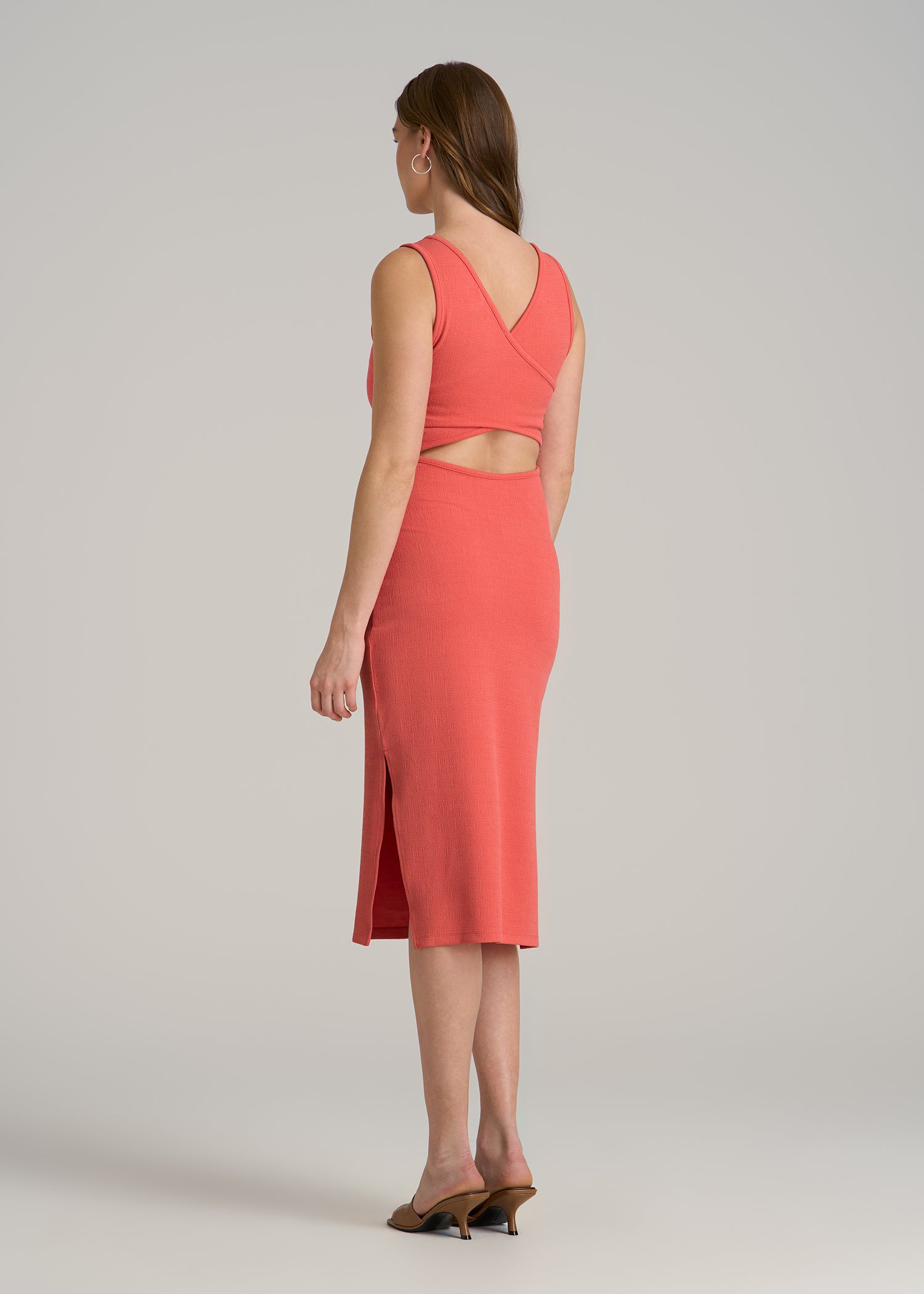 Midi Cross Back Sleeveless Dress for Tall Women in Sunset Coral