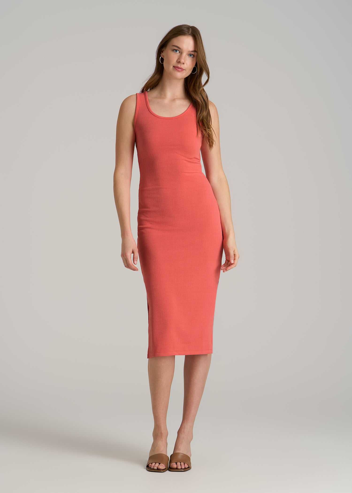 Midi Cross Back Sleeveless Dress for Tall Women in Sunset Coral