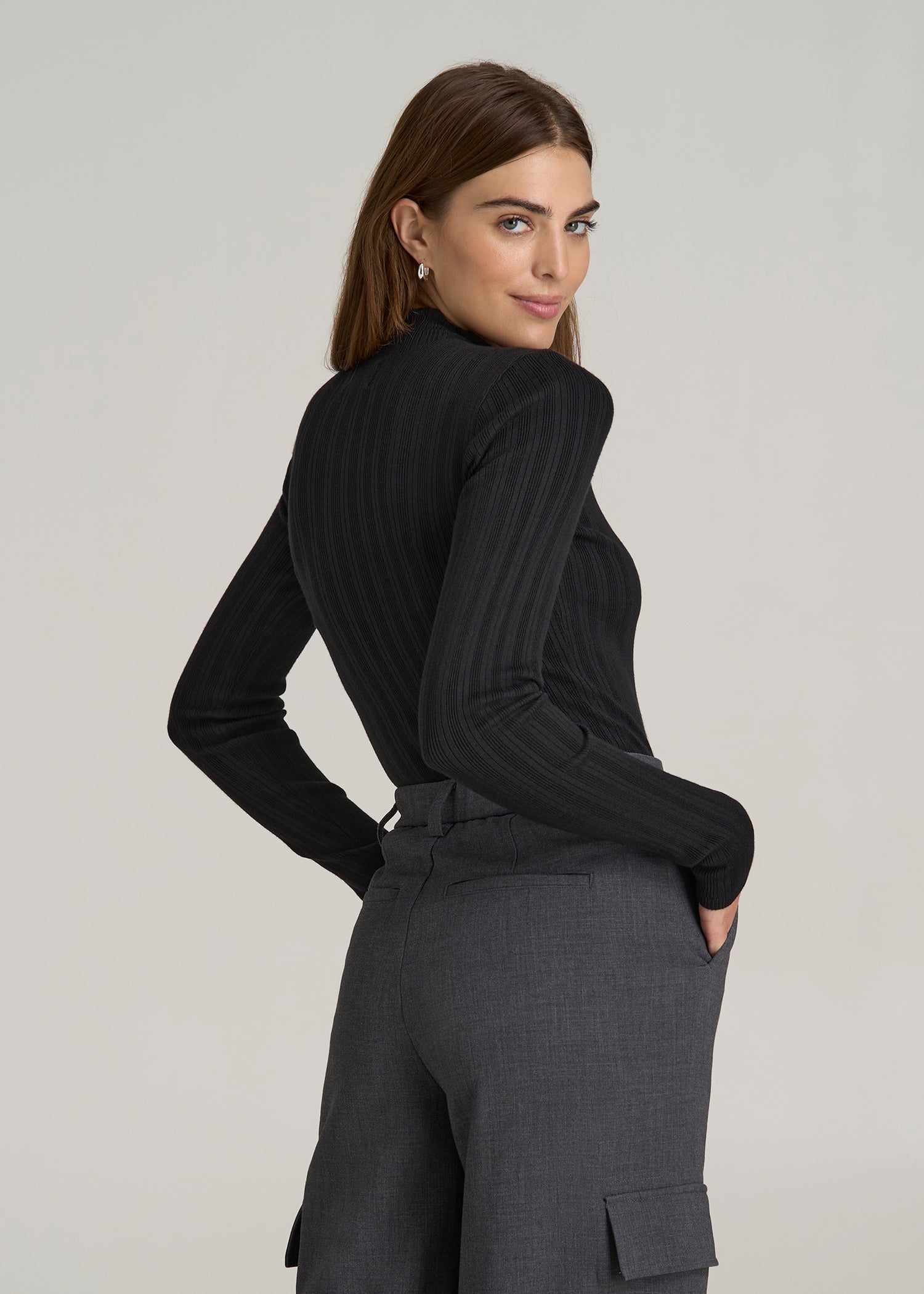 Mock Neck Sweater Bodysuit for Tall Women in Black