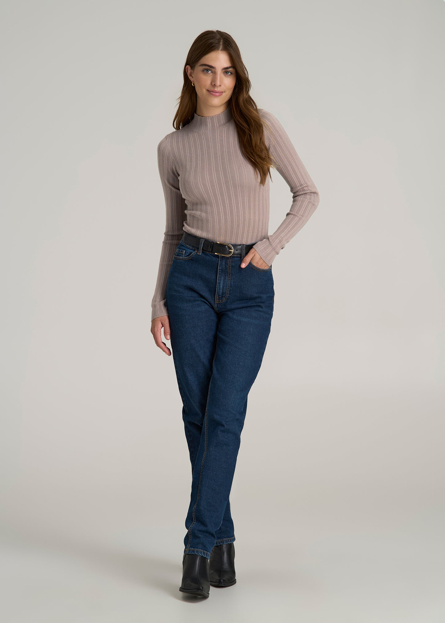 Mock Neck Sweater Bodysuit for Tall Women in Truly Taupe