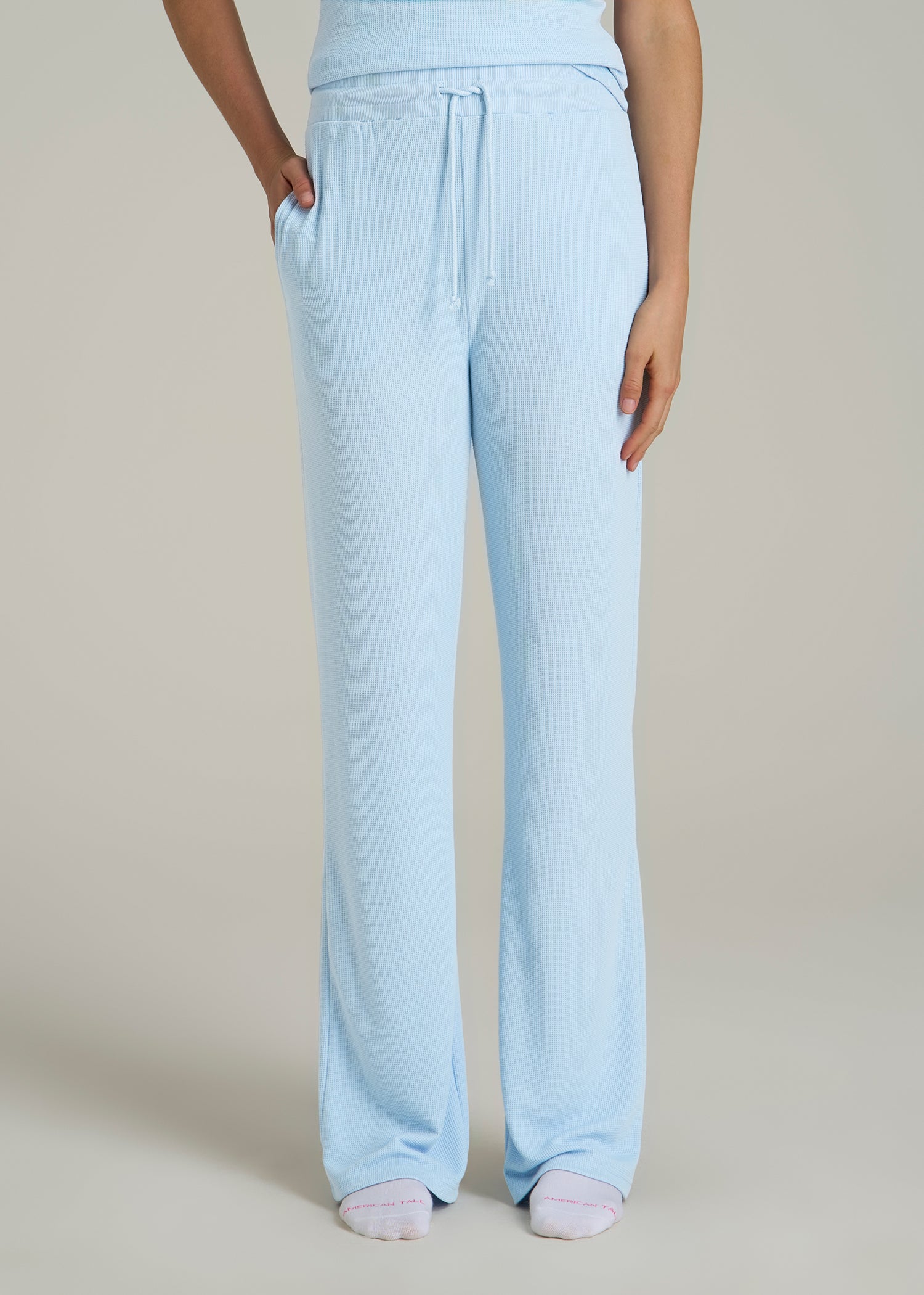 Open-Bottom Waffle Lounge Pants for Tall Women in Ice Blue