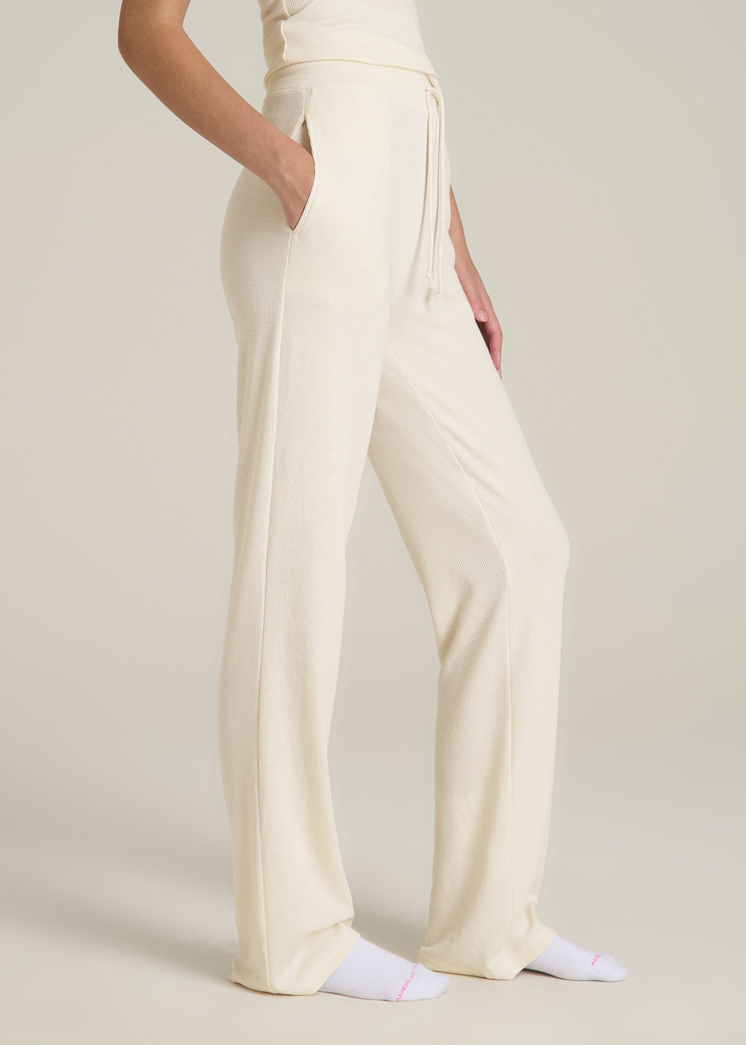 Open-Bottom Waffle Lounge Pants for Tall Women in White Alyssum