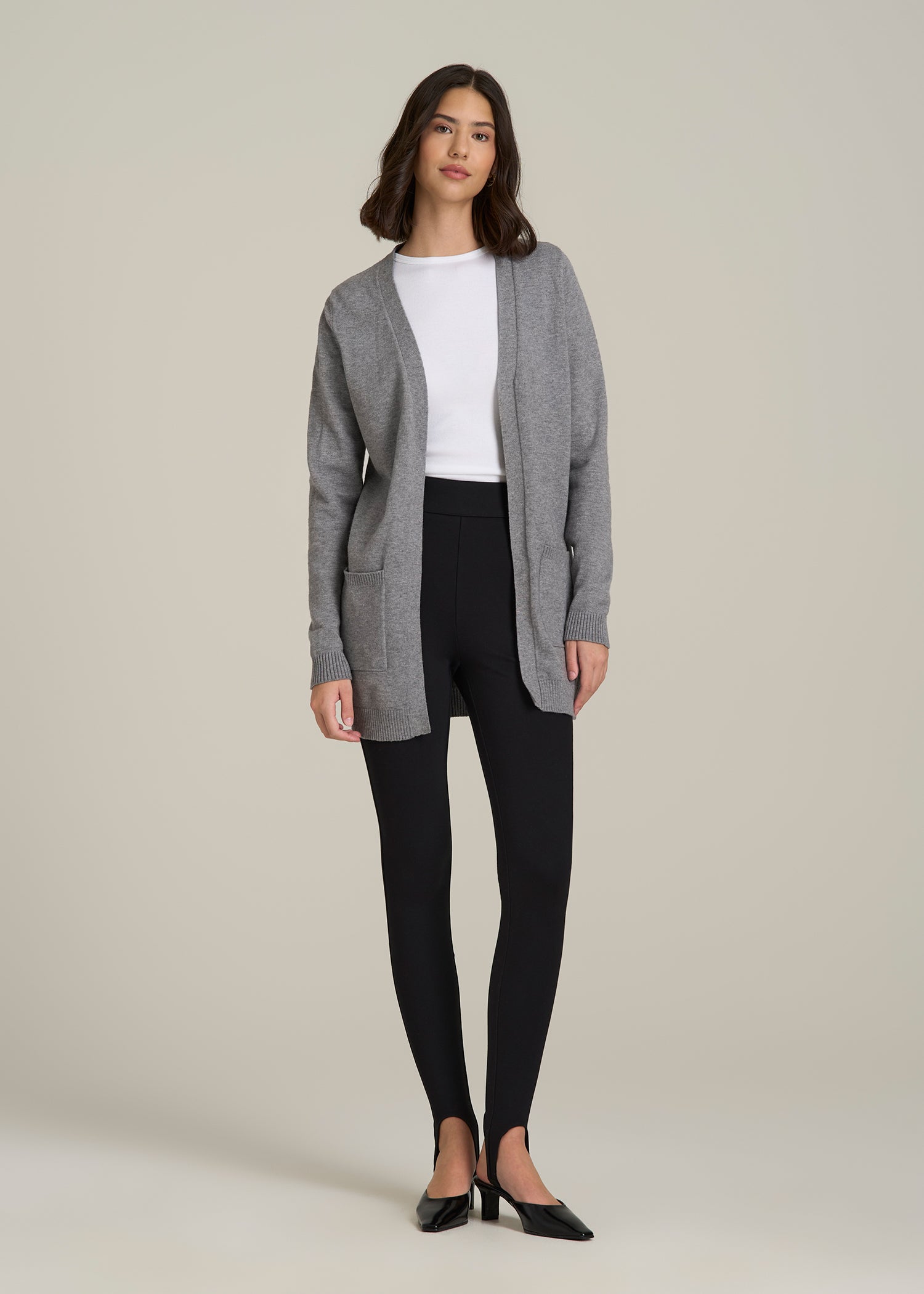 Open-Front Long Cardigan Sweater for Tall Women in Ash Grey Mix