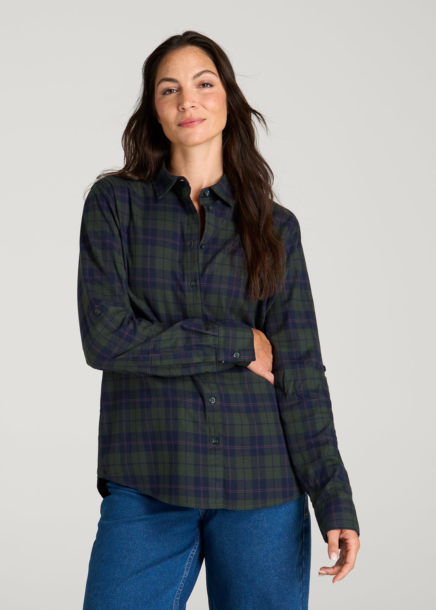 Oversized Flannel Shirt for Tall Women in Boreal Forest Plaid