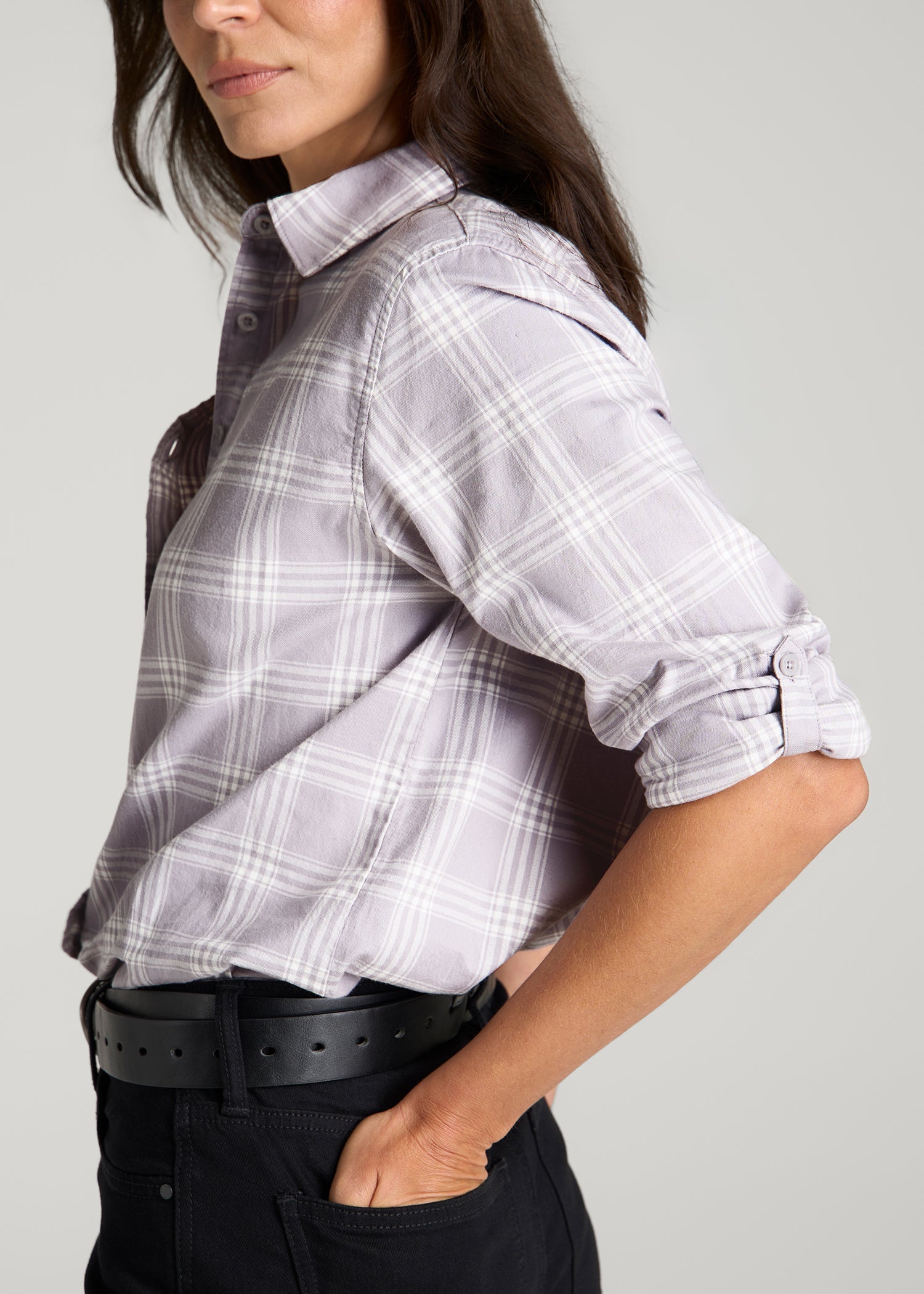 Oversized Flannel Shirt for Tall Women in Dusty Lilac Plaid