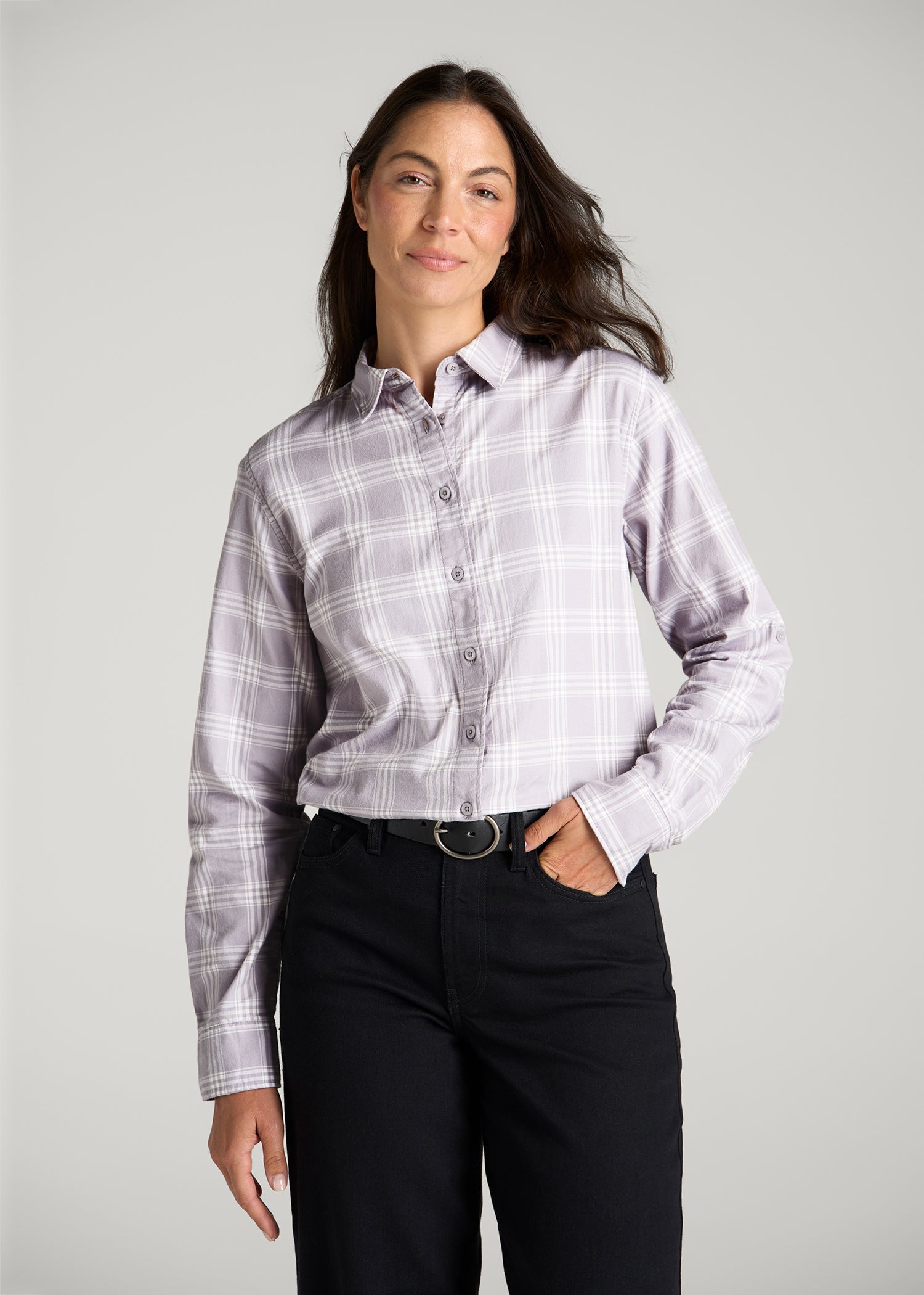 Oversized Flannel Shirt for Tall Women in Dusty Lilac Plaid