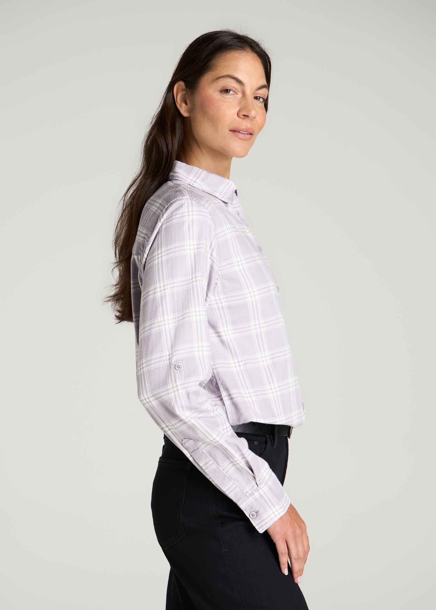 Oversized Flannel Shirt for Tall Women in Dusty Lilac Plaid