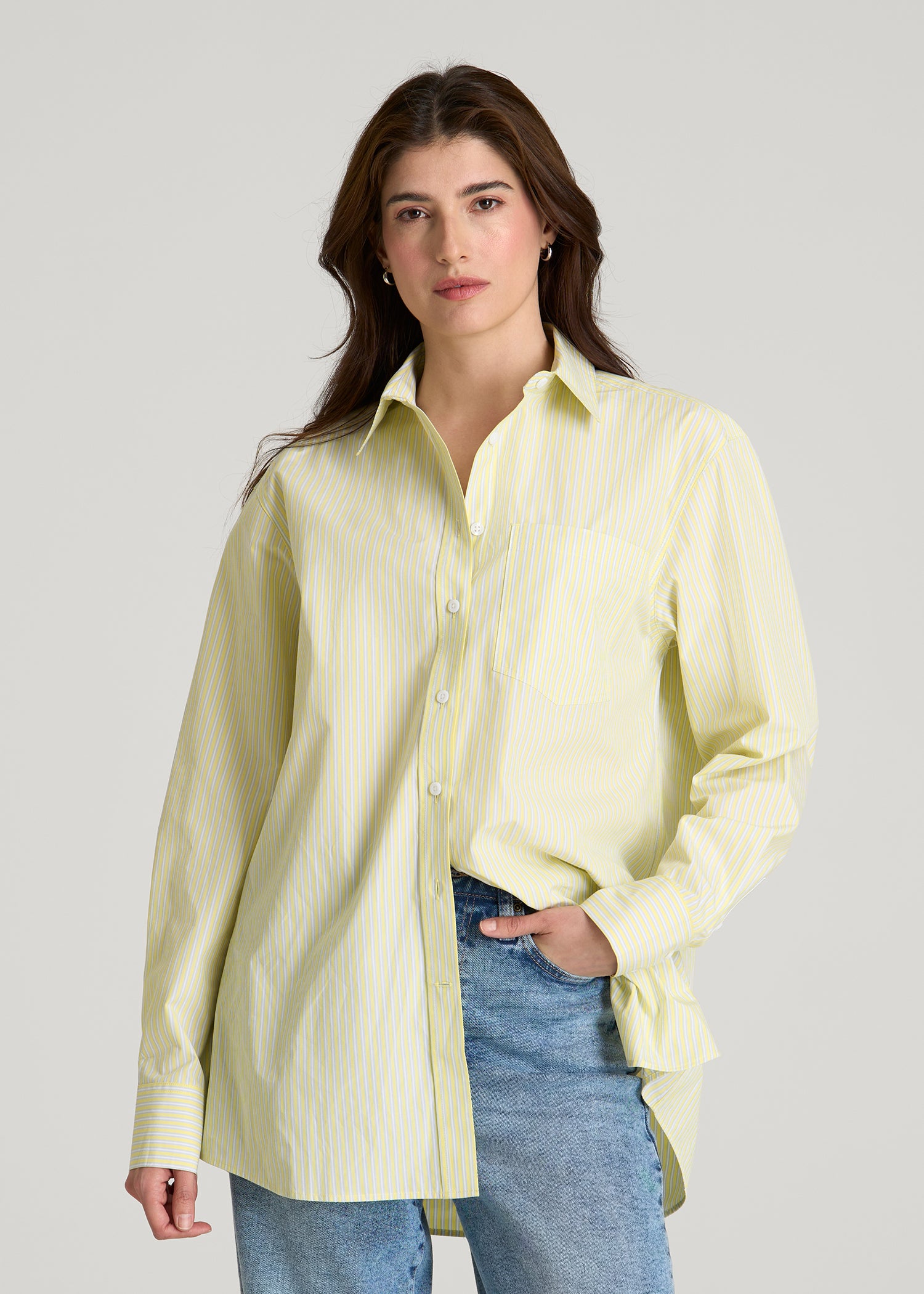 Oversized Poplin Button Shirt for Tall Women in Lemon Drop Stripe