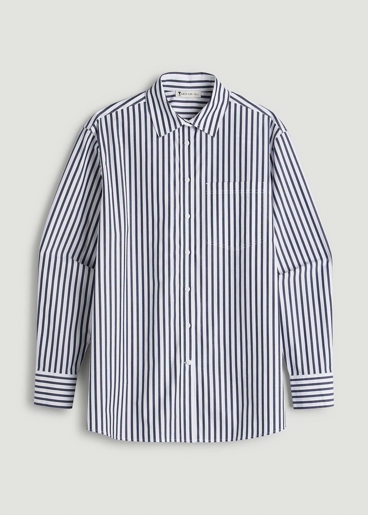 Oversized Poplin Button Shirt for Tall Women in White and Navy Stripe