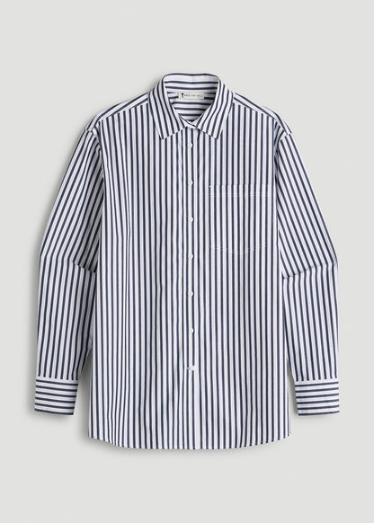 Oversized Poplin Button Shirt for Tall Women in White and Navy Stripe