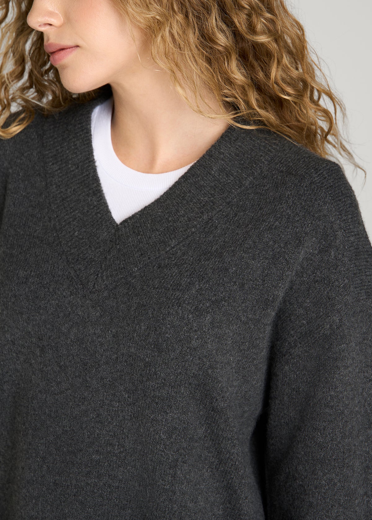 Oversized V-Neck Girlfriend Sweater for Tall Women in Charcoal Mix