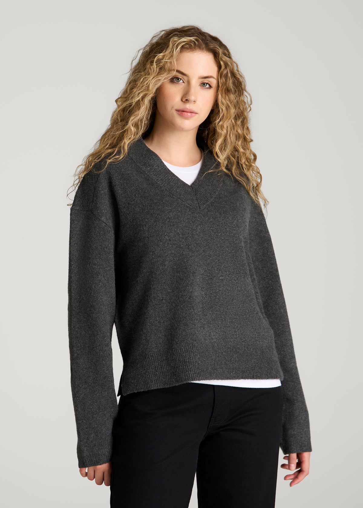 Oversized V-Neck Girlfriend Sweater for Tall Women in Charcoal Mix