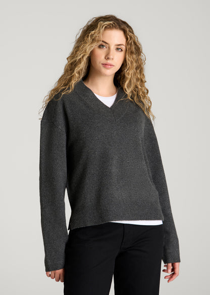 Oversized V-Neck Girlfriend Sweater for Tall Women in Charcoal Mix