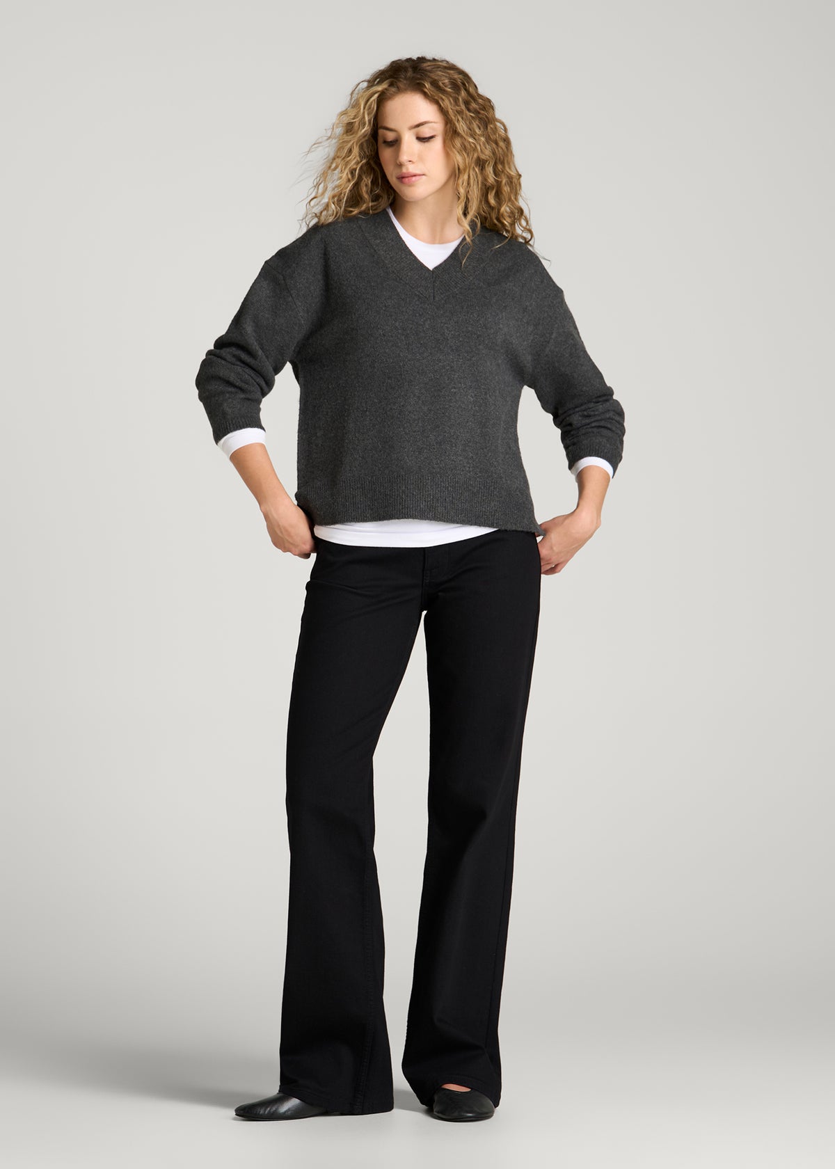 Oversized V-Neck Girlfriend Sweater for Tall Women in Charcoal Mix