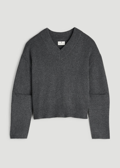 Oversized V-Neck Girlfriend Sweater for Tall Women in Charcoal Mix