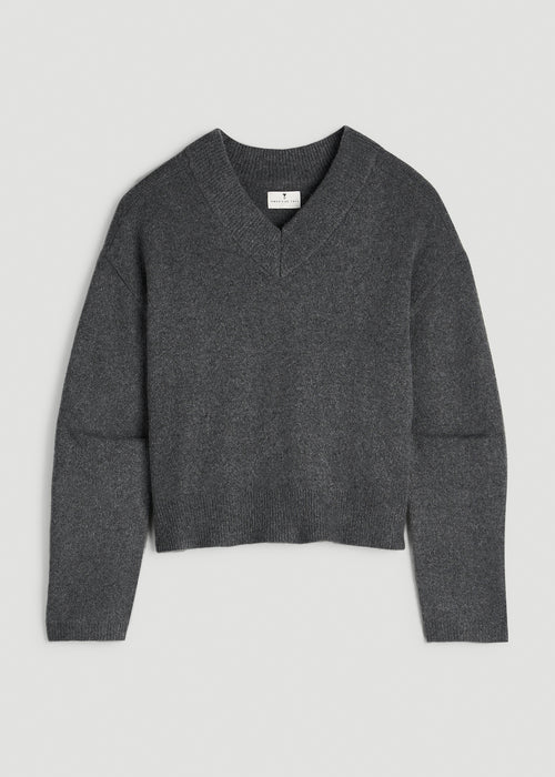 Oversized V-Neck Girlfriend Sweater for Tall Women in Charcoal Mix
