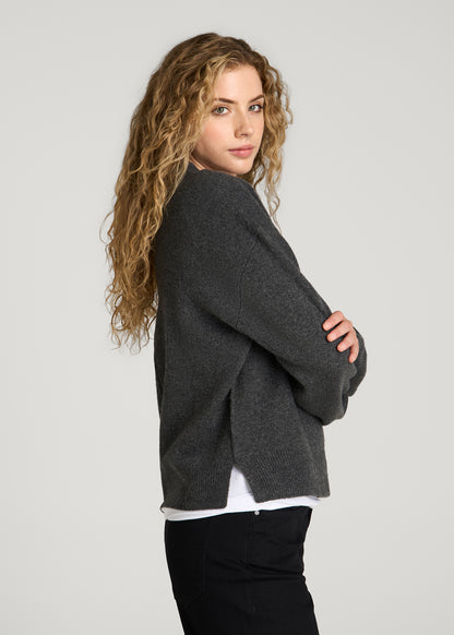 Oversized V-Neck Girlfriend Sweater for Tall Women in Charcoal Mix