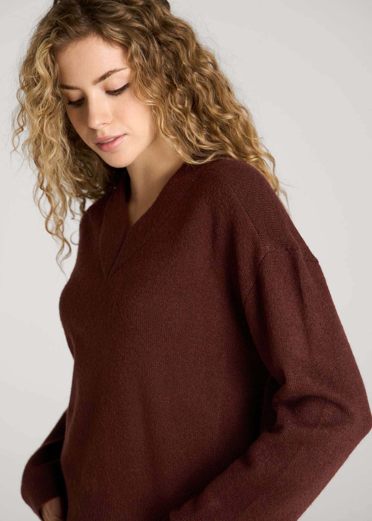 Oversized V-Neck Girlfriend Sweater for Tall Women in Rum Raisin