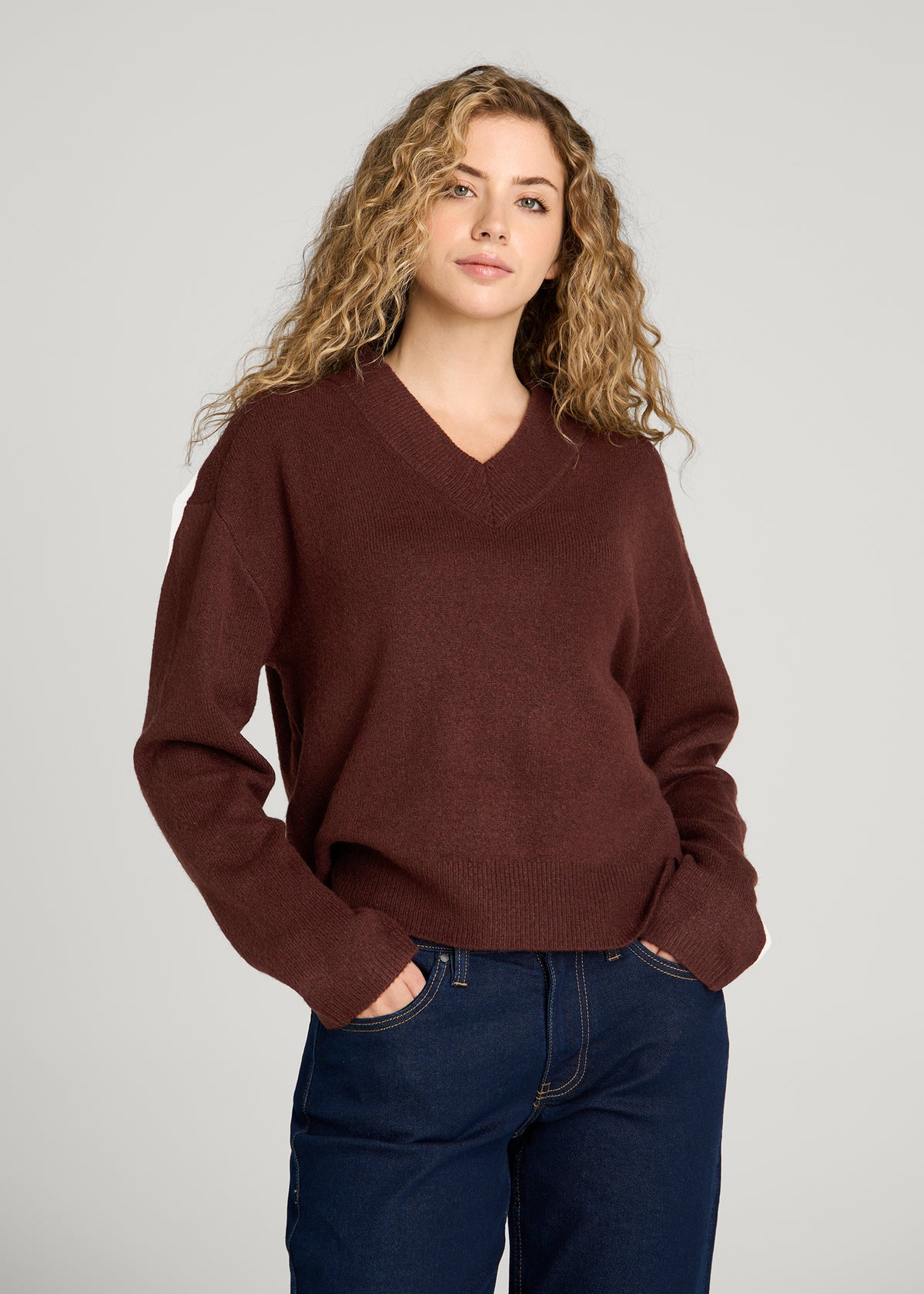 Oversized V-Neck Girlfriend Sweater for Tall Women in Rum Raisin