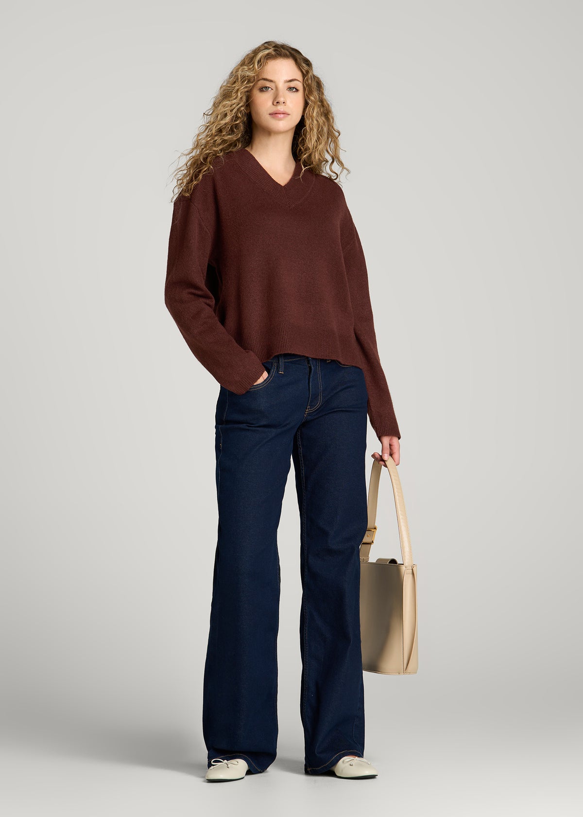 Oversized V-Neck Girlfriend Sweater for Tall Women in Rum Raisin