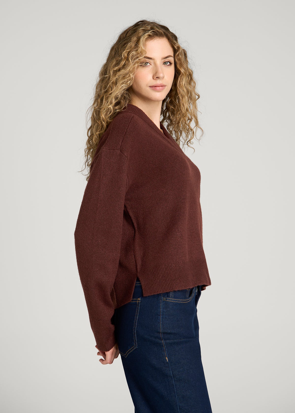 Oversized V-Neck Girlfriend Sweater for Tall Women in Rum Raisin