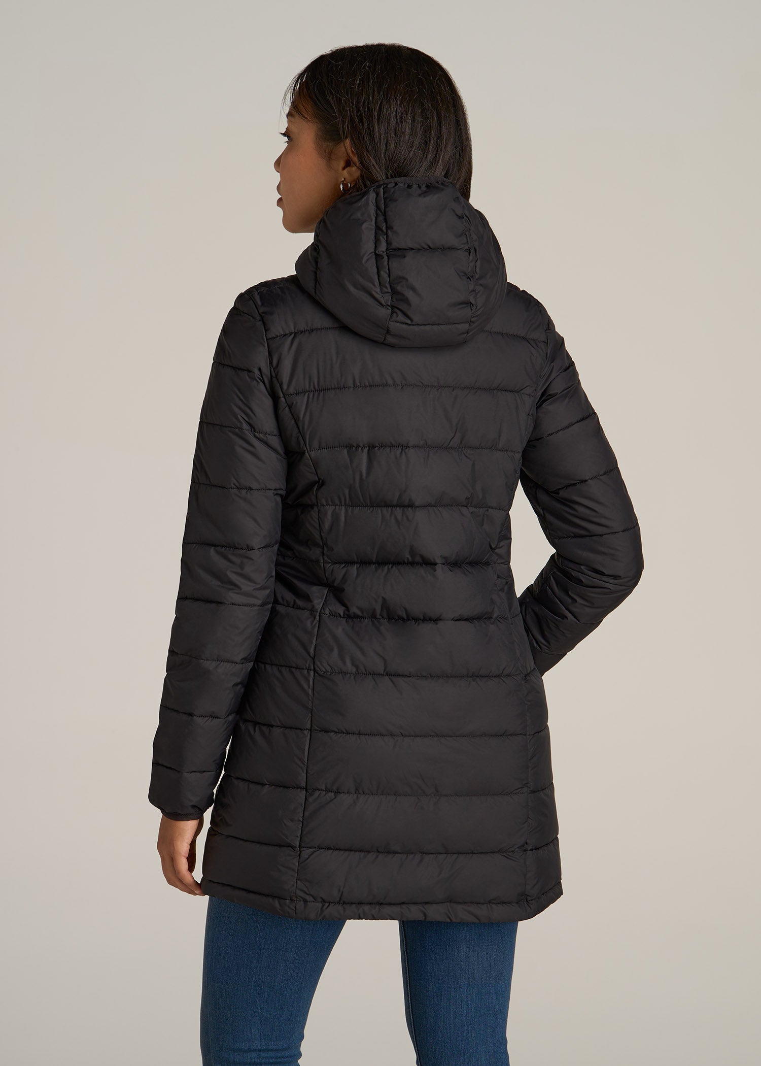 Packable Puffer Jacket for Tall Women in Black