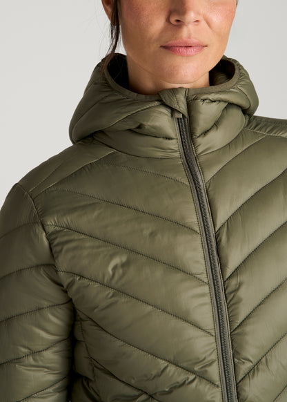 Packable Mid-Length Puffer Jacket for Tall Women in Olive