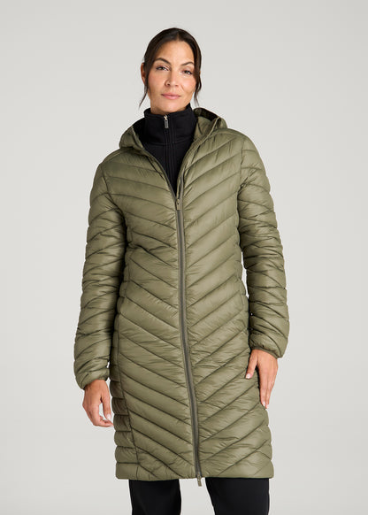 Packable Mid-Length Puffer Jacket for Tall Women in Olive