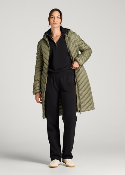 Packable Mid-Length Puffer Jacket for Tall Women in Olive