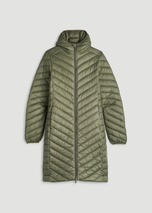 Packable Mid-Length Puffer Jacket for Tall Women in Olive