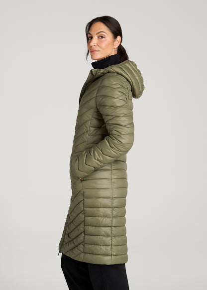 Packable Mid-Length Puffer Jacket for Tall Women in Olive