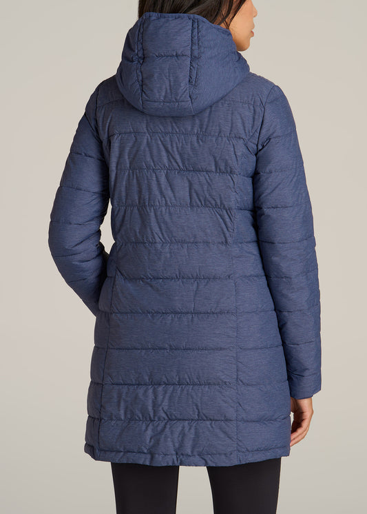 Packable Puffer Jacket for Tall Women in Blue Space Dye