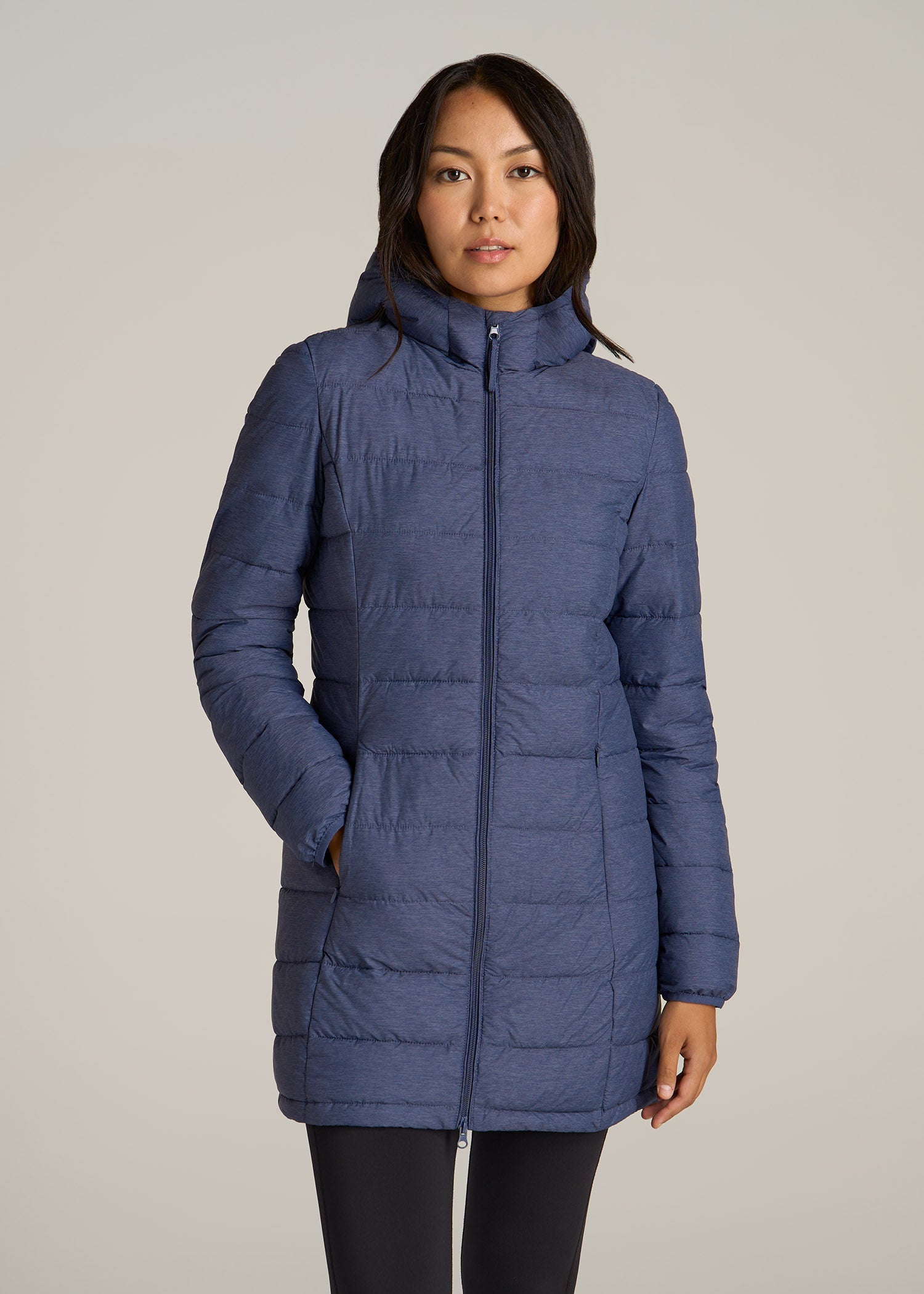 Packable Puffer Jacket for Tall Women in Blue Space Dye