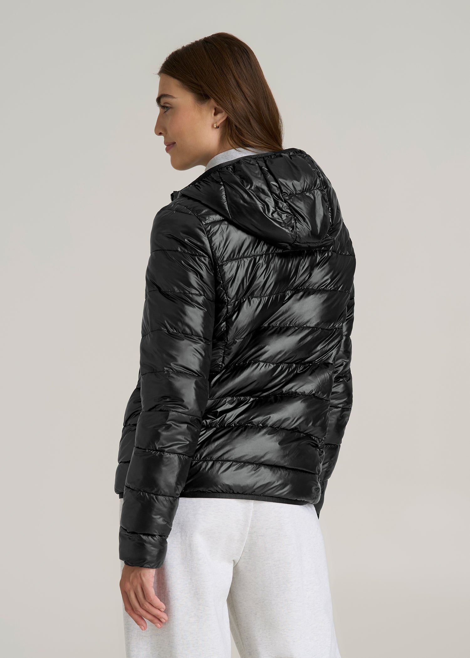 Packable Short Puffer Jacket for Tall Women in Glossy Black