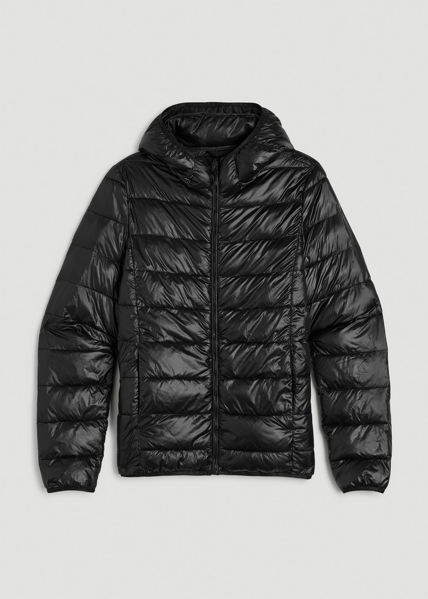 Packable Short Puffer Jacket for Tall Women in Glossy Black