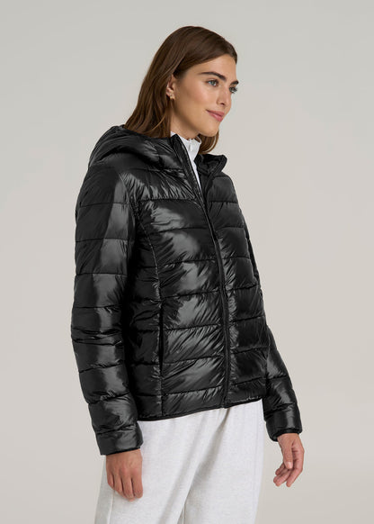 Packable Short Puffer Jacket for Tall Women in Glossy Black