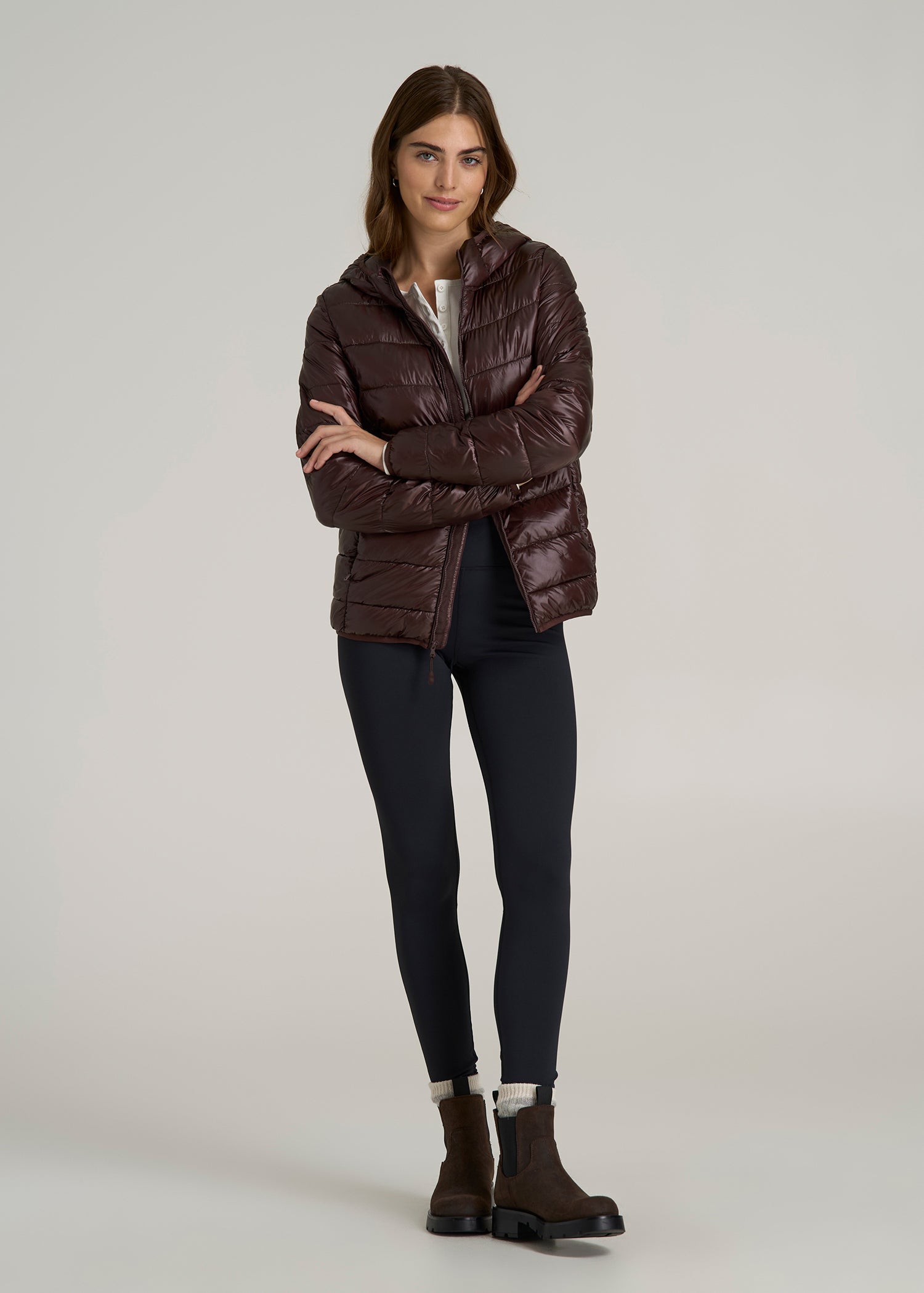 Packable Short Puffer Jacket for Tall Women in Oxblood