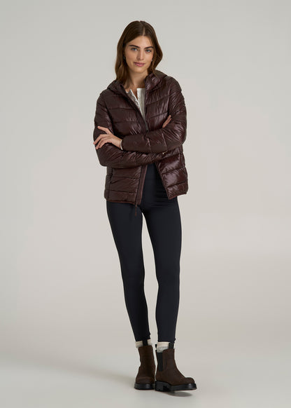 Packable Short Puffer Jacket for Tall Women in Oxblood