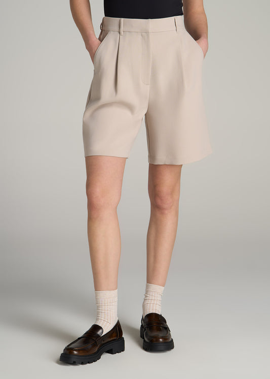 Pleated Tailored Shorts for Tall Women in Light Taupe