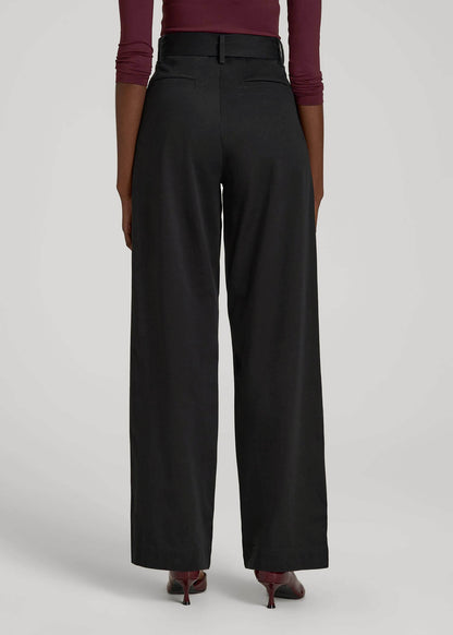 Pleated Wide Leg Chino With Belt for Tall Women in Deep Black