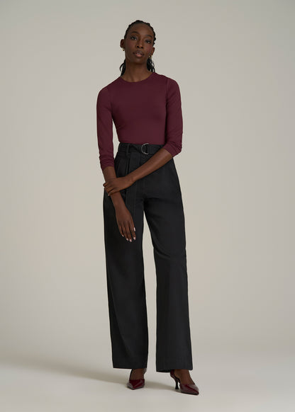 Pleated Wide Leg Chino With Belt for Tall Women in Deep Black