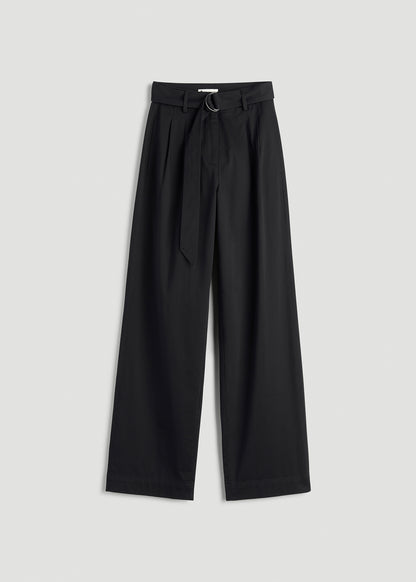 Pleated Wide Leg Chino With Belt for Tall Women in Deep Black